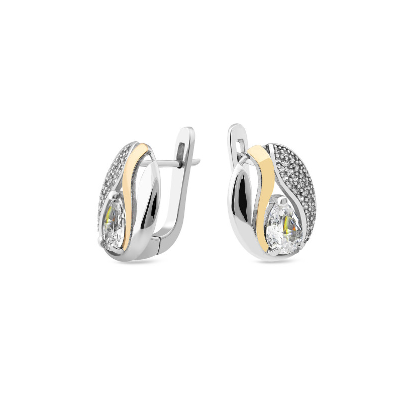 Kolczyki srebrne cyrkonia kropla i złota blaszka