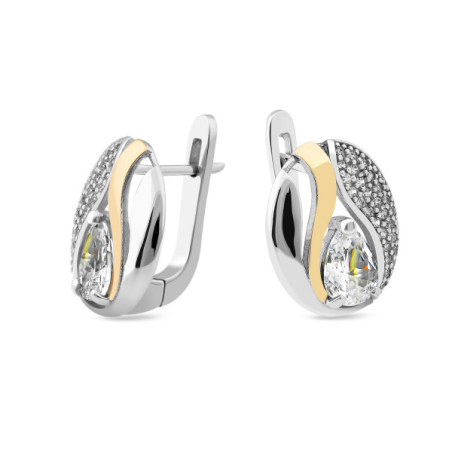 Kolczyki srebrne cyrkonia kropla i złota blaszka