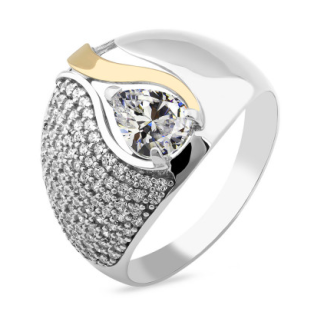 Pierścionek srebrny cyrkonia kropla i złota blaszka