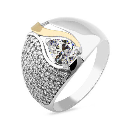 Pierścionek srebrny cyrkonia kropla i złota blaszka