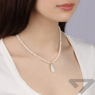 Naszyjnik pozłacany perły hodowlane 4mm z opalem i diamentem