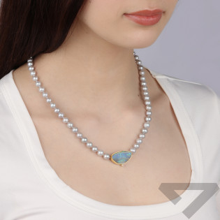 Naszyjnik pozłacany grafitowe perły 7 mm oraz niebieski opal bulder i diament