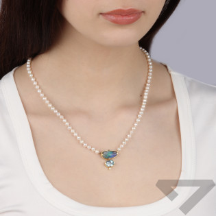 Naszyjnik pozłacany perły hodowlane 5 mm z topazem, opalem bulder i diamentem