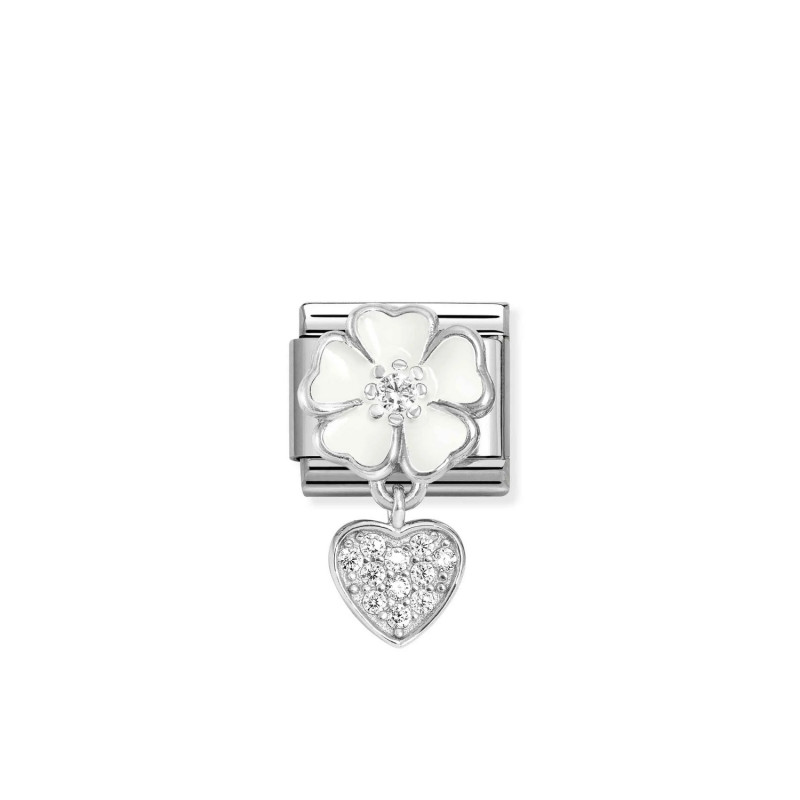 Element link do bransoletki Nomination Composable Silver Biały kwiat i serce charms 331814 04 stal i srebro 925