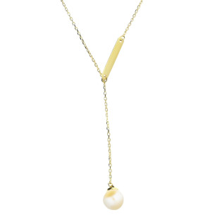 Naszyjnik złoty krawatówka biała perła 6mm i blaszka