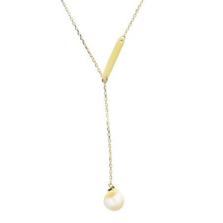 Naszyjnik złoty krawatówka biała perła 6mm i blaszka