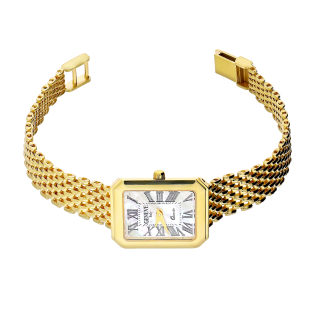 Zegarek złoty z prostokątną tarczą i cyferblatem z masy perłowej