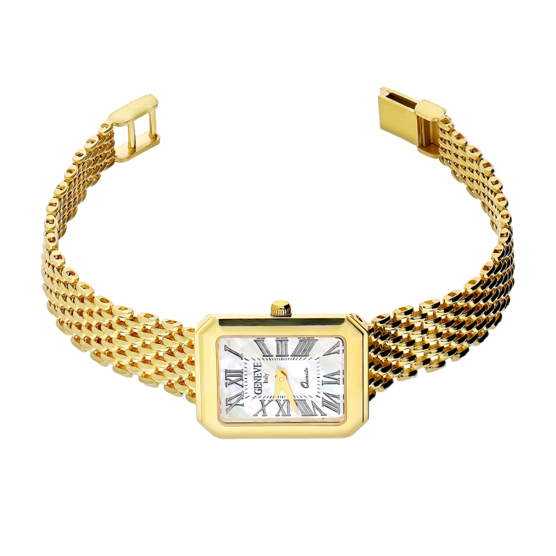 Zegarek złoty z prostokątną tarczą i cyferblatem z masy perłowej