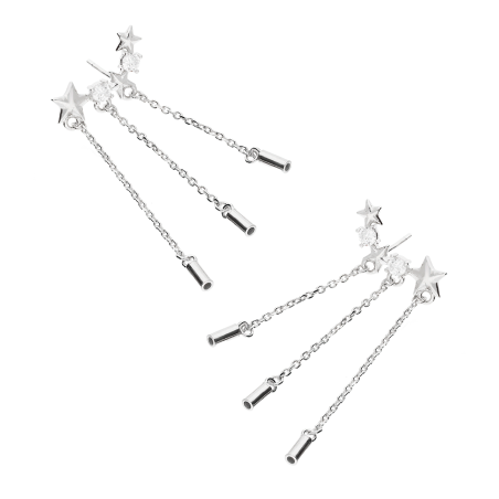 Kolczyki srebrne gwiazdki, cyrkonie i łańcuszki/sztyft AT834 próba 925