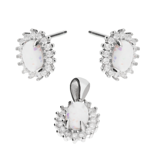 Komplet srebrny kolczyki i zawieszka owal z opalem i cyrkoniami HS712 próba 925