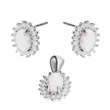 Komplet srebrny kolczyki i zawieszka owal z opalem i cyrkoniami HS712 próba 925