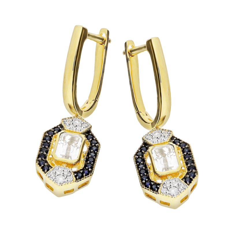 Kolczyki złote z białym topazem, szafirami i diamentami/ang.zap. LC R16066-1872 WTOPSAPY próba 585