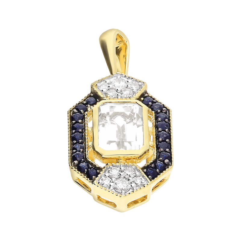 Wisiorek złoty z białym topazem, szafirami i diamentami LC R16066-1872 WTOPSAPY próba 585