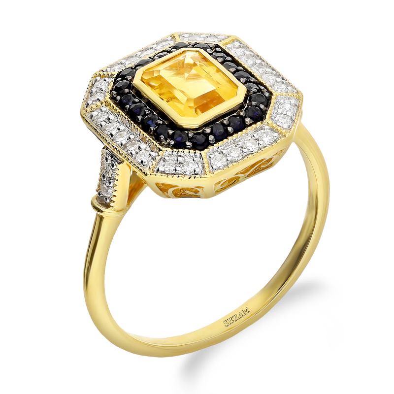 Pierścionek zaręczynowy z cytrynem, szafirami i diamentami LC R52229 CTSAPY próba 585