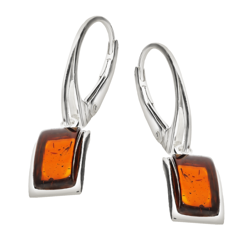 Kolczyki srebrne bursztyn koniakowy w prostokącie/big.zam. 171-koniakowy próba 925
