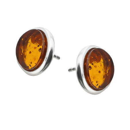 Kolczyki srebrne z okrągłym bursztynem koniakowym/sztyft MG 173-koniakowy próba 925