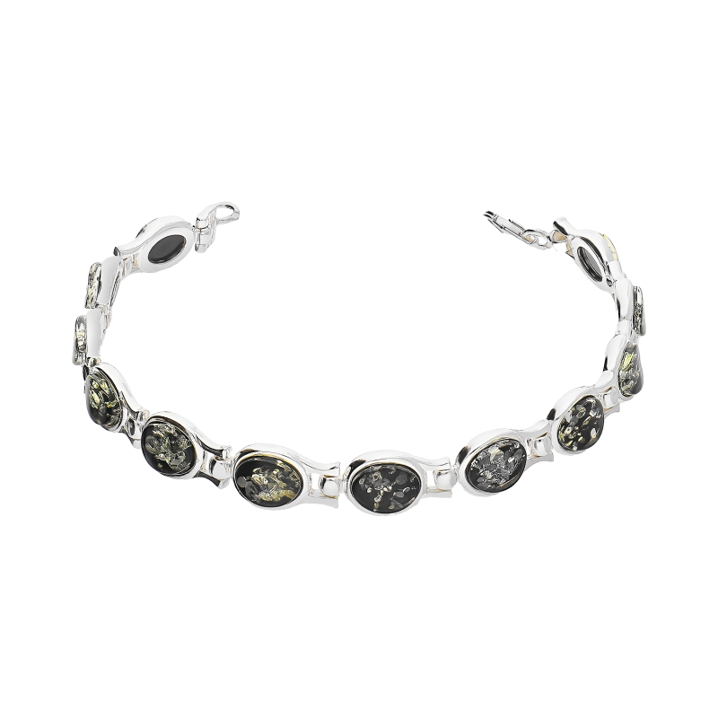 Bransoleta srebrna zielone bursztyny w okrągłych ramkach MG 173-zielony próba 925