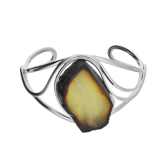 Bransoleta srebrna z owalnym bursztynem mlecznym/otwarta MG 373-mleczny-plaster próba 925