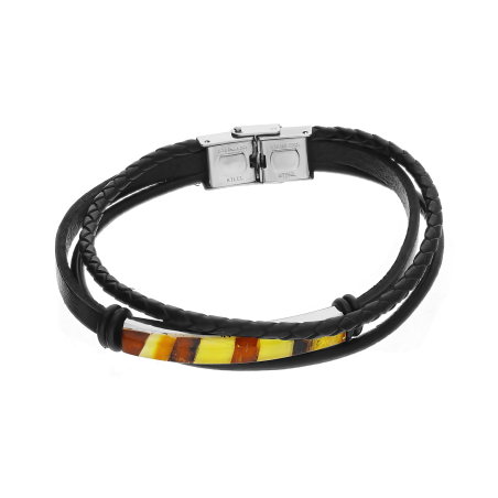 Bransoleta męska blaszka z bursztynem i dwa paski MG 389-koniakowo-miodowy