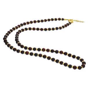 Naszyjnik pozłacany z bursztynowymi kulkami i hematytami MG 393-koniakowy mat próba 925