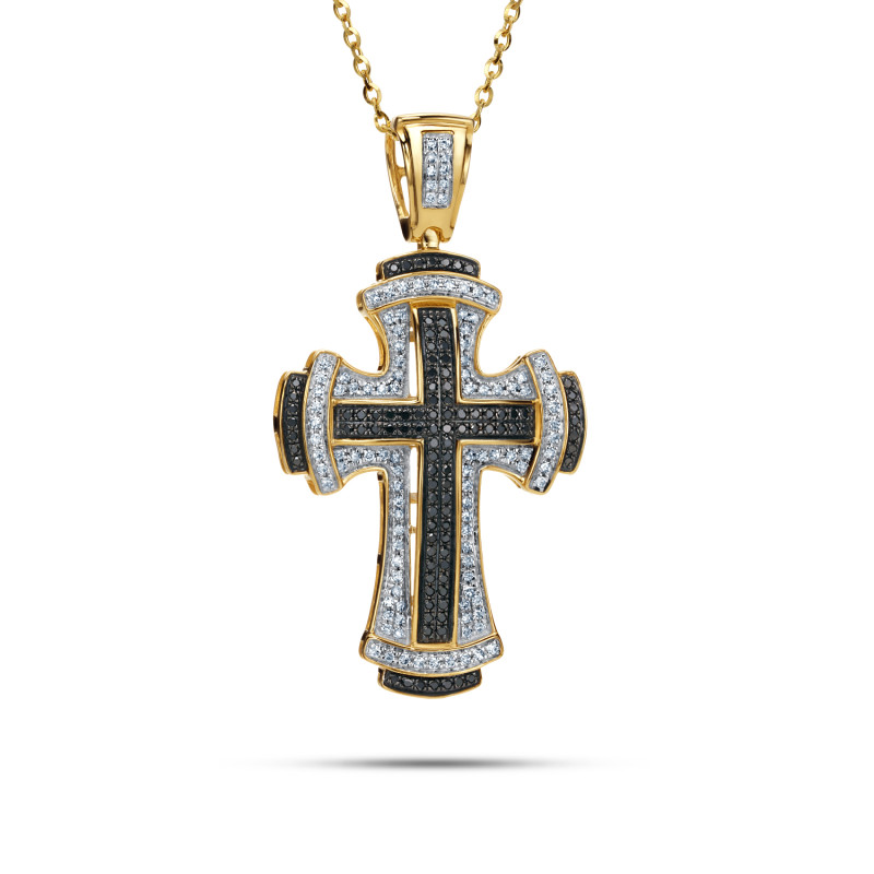 Krzyżyk złoty z czarnymi i białymi diamentami LC PP105692Y