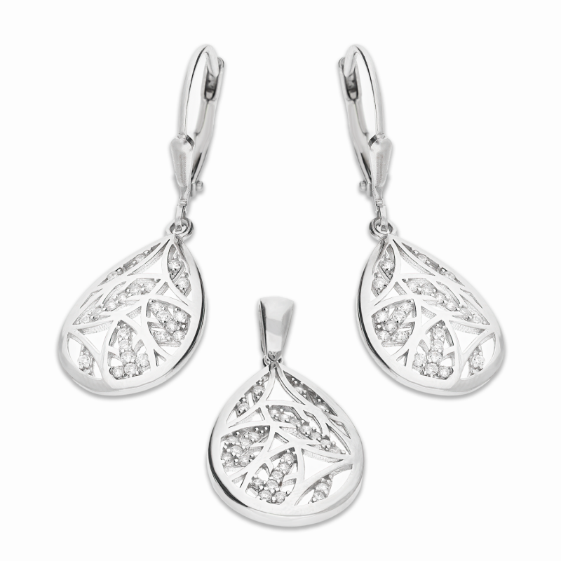 Komplet srebrny kolczyki i zawieszka ażurowe listki w kropli OL ZS-EP554 próba 925