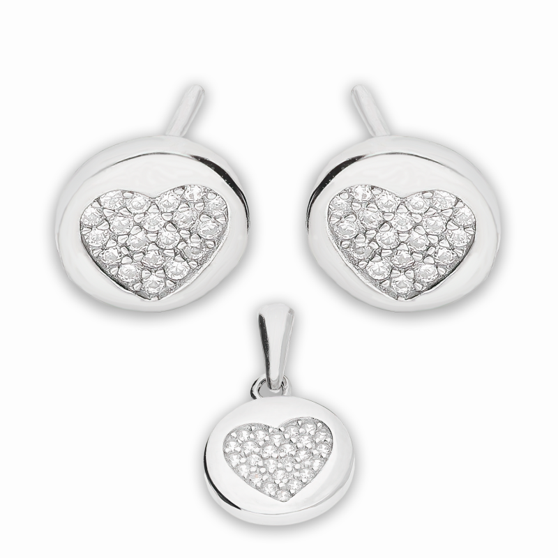 Komplet srebrny kolczyki i zawieszka koło z sercem z cyrkoniami A0607 próba 925