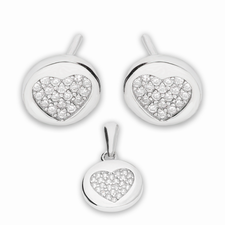 Komplet srebrny kolczyki i zawieszka koło z sercem z cyrkoniami A0607 próba 925
