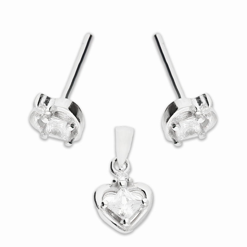 Komplet srebrny kolczyki i zawieszka serce z kwadratową cyrkonią A01067 próba 925