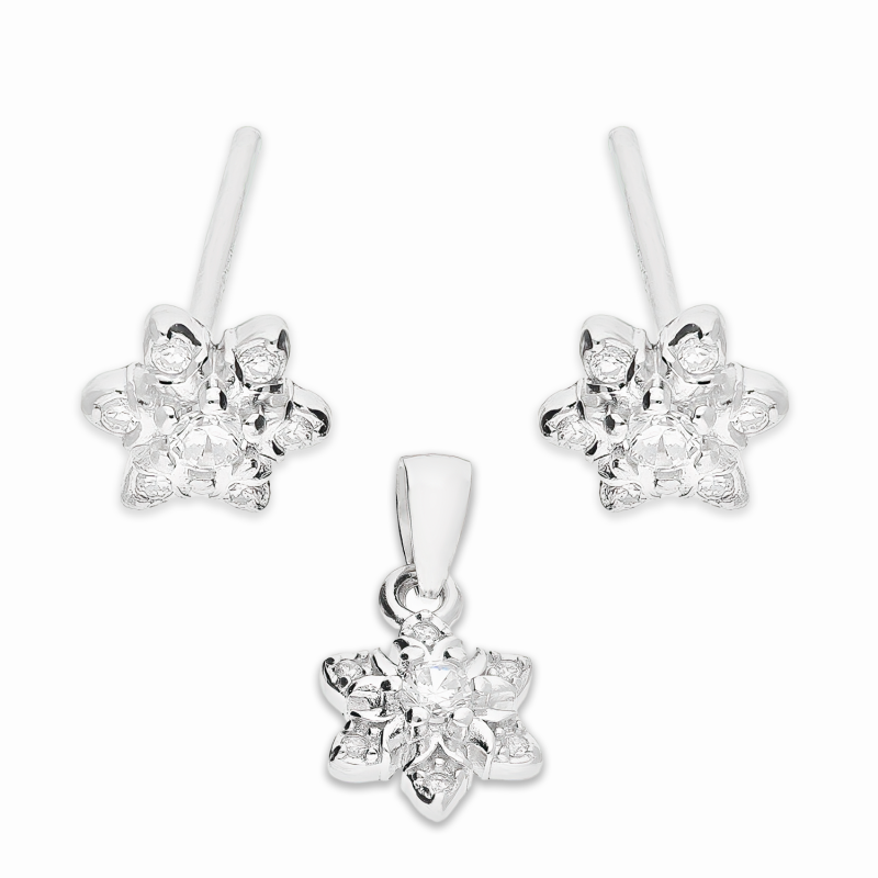 Komplet srebrny kolczyki i zawieszka kwiat z cyrkoniami A01068 próba 925
