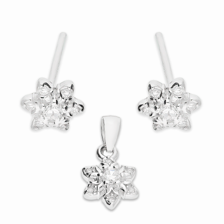 Komplet srebrny kolczyki i zawieszka kwiat z cyrkoniami A01068 próba 925