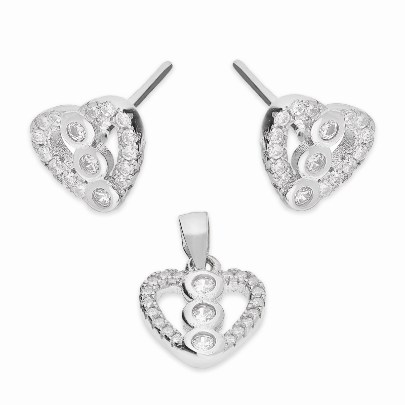 Komplet srebrny kolczyki i zawieszka serce ramka z cyrkoniami A01070 próba 925