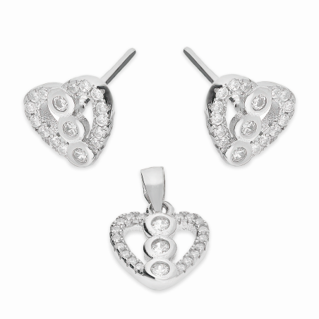 Komplet srebrny kolczyki i zawieszka serce ramka z cyrkoniami A01070 próba 925
