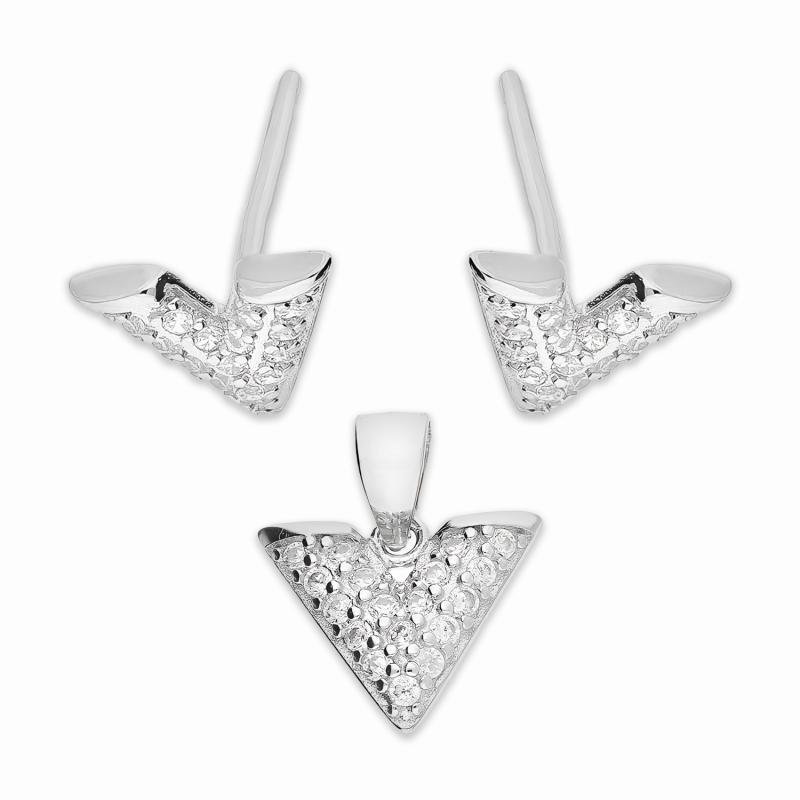 Komplet srebrny kolczyki i zawieszka V z białymi cyrkoniami A01071 próba 925