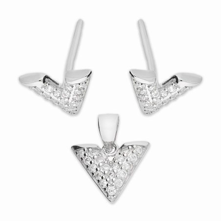 Komplet srebrny kolczyki i zawieszka V z białymi cyrkoniami A01071 próba 925