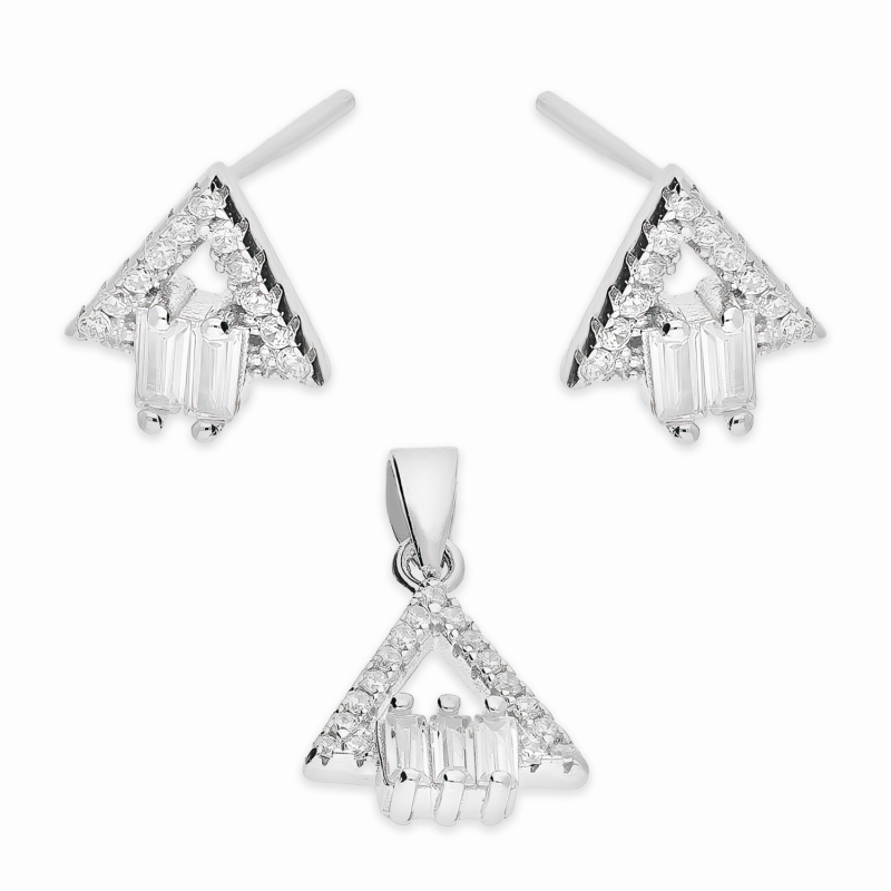 Komplet srebrny kolczyki i zawieszka trójkąt z cyrkoniami A01072 próba 925