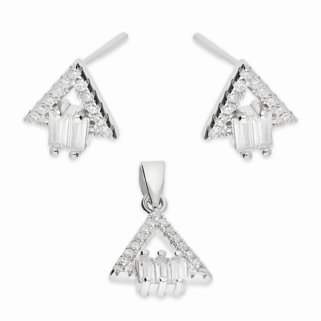 Komplet srebrny kolczyki i zawieszka trójkąt z cyrkoniami A01072 próba 925