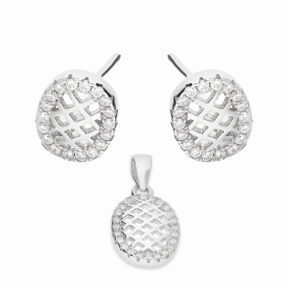 Komplet srebrny kolczyki i zawieszka ażurowy owal z cyrkoniami A01075 próba 925