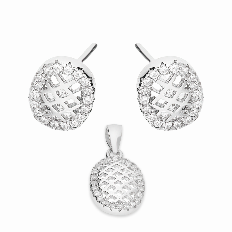 Komplet srebrny kolczyki i zawieszka ażurowy owal z cyrkoniami A01075 próba 925