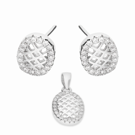 Komplet srebrny kolczyki i zawieszka ażurowy owal z cyrkoniami A01075 próba 925