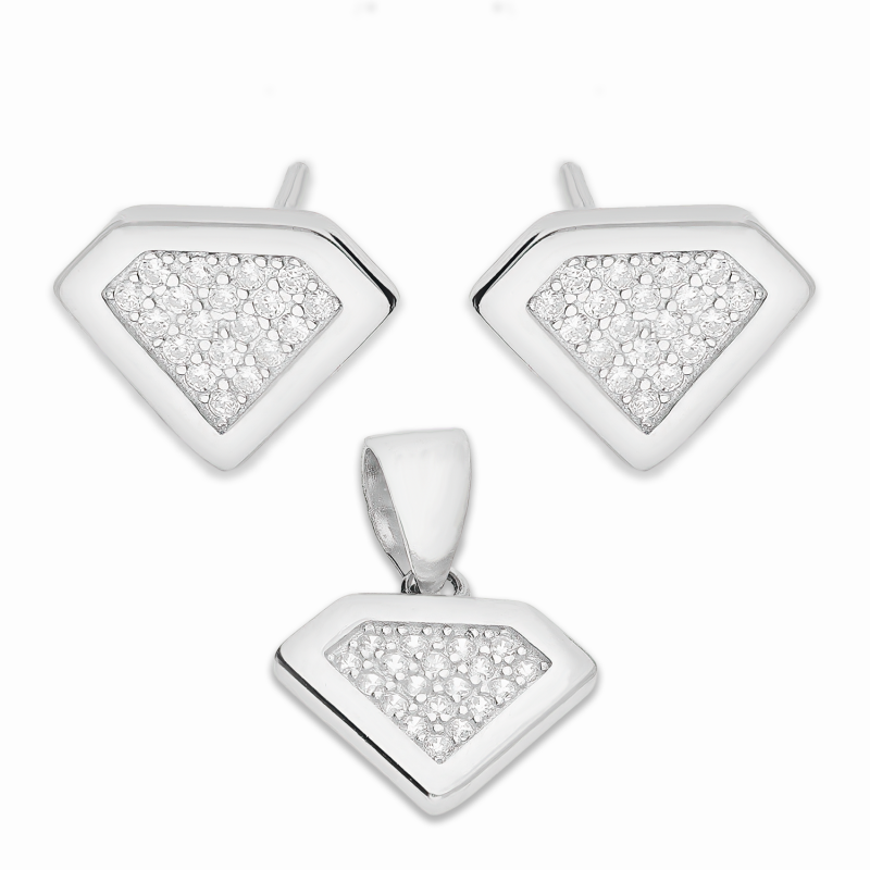 Komplet srebrny kolczyki i zawieszka diament z cyrkoniami A01077 próba 925