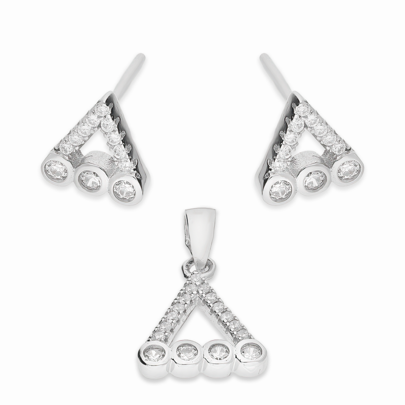 Komplet srebrny kolczyki i zawieszka V z cyrkoniami A01078 próba 925