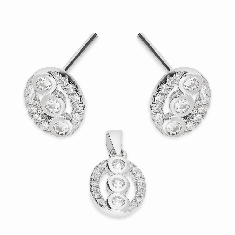 Komplet srebrny kolczyki i zawieszka owal z białymi cyrkoniami A01079 próba 925