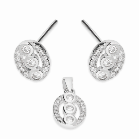 Komplet srebrny kolczyki i zawieszka owal z białymi cyrkoniami A01079 próba 925
