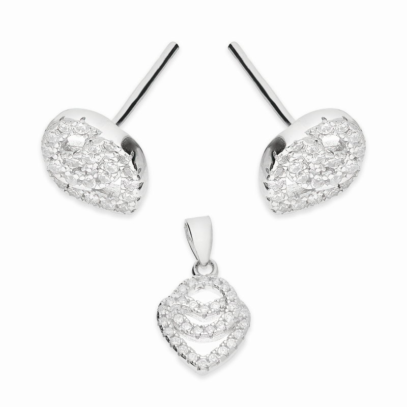Komplet srebrny kolczyki i zawieszka klanówka serce z cyrkoniami A01080 próba 925