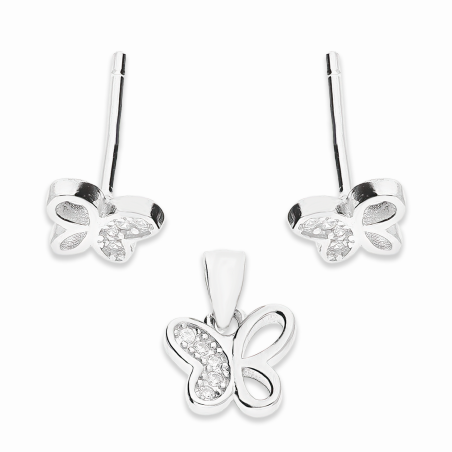 Komplet srebrny kolczyki i zawieszka motyl z cyrkoniami A01089 próba 925