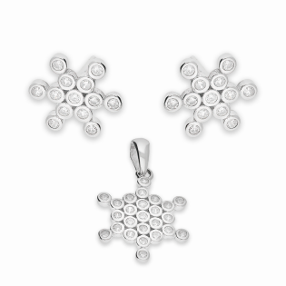 Komplet srebrny kolczyki i zawieszka śnieżynka z cyrkoniami A01096 próba 925
