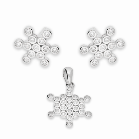 Komplet srebrny kolczyki i zawieszka śnieżynka z cyrkoniami A01096 próba 925