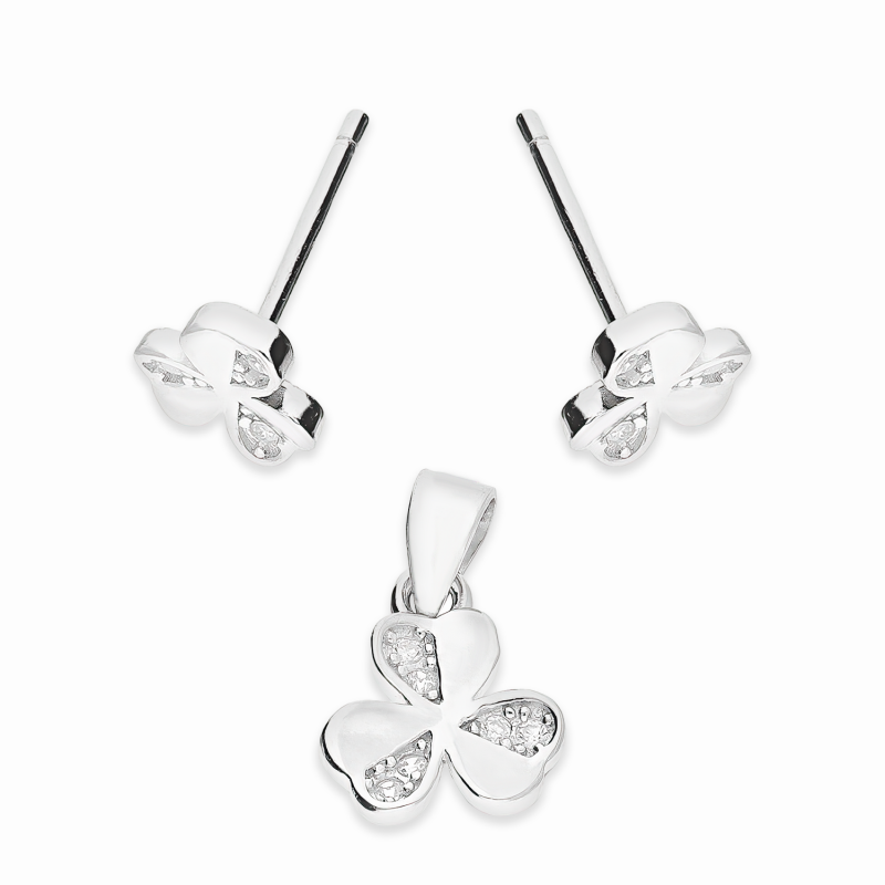 Srebrny Komplet Koniczyna z Cyrkoniami - Kolczyki i Zawieszka - JubilerSezam.pl