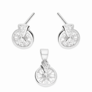 Komplet srebrny kolczyki i zawieszka koło z cyrkoniami bagietami A01099 próba 925